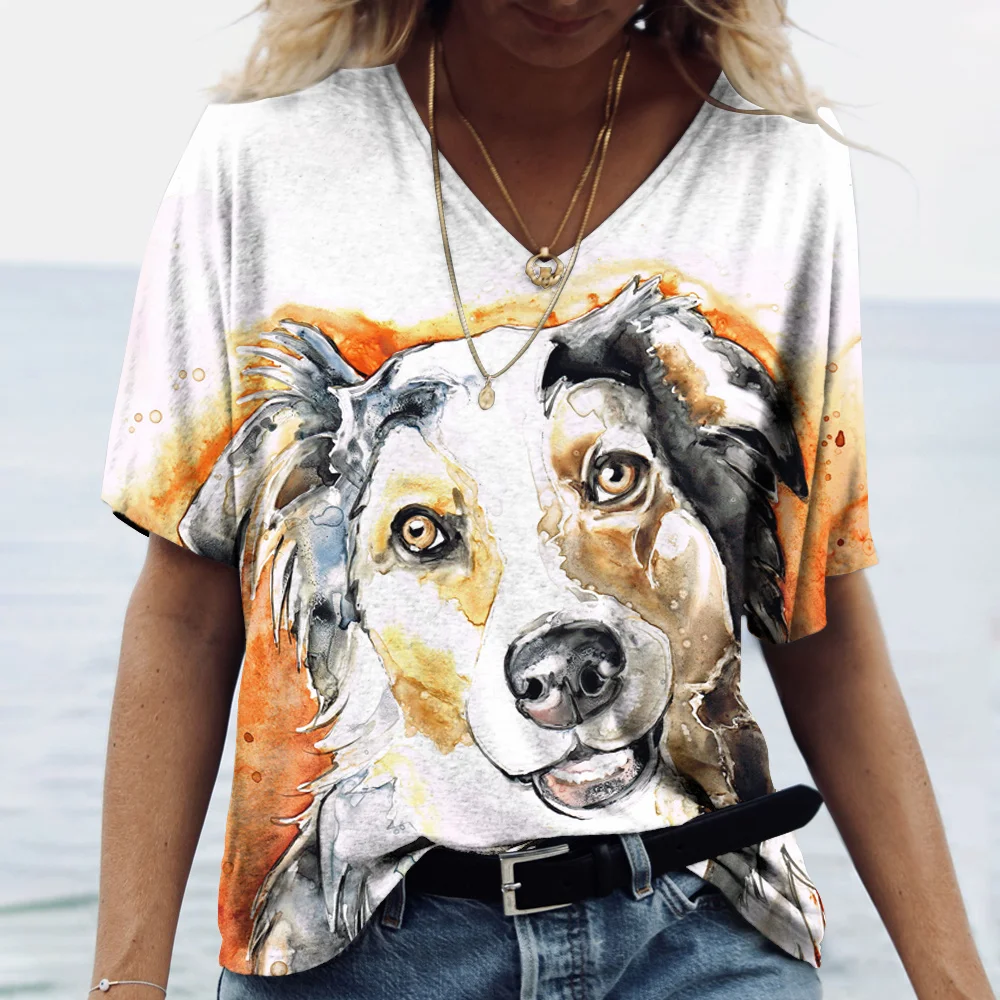 Yaz kadın Tişörtleri Soyut Köpek Baskı T-shirt Kadın Golden Retriever V Yaka Kısa kollu Moda Sokak kadın giyim 0