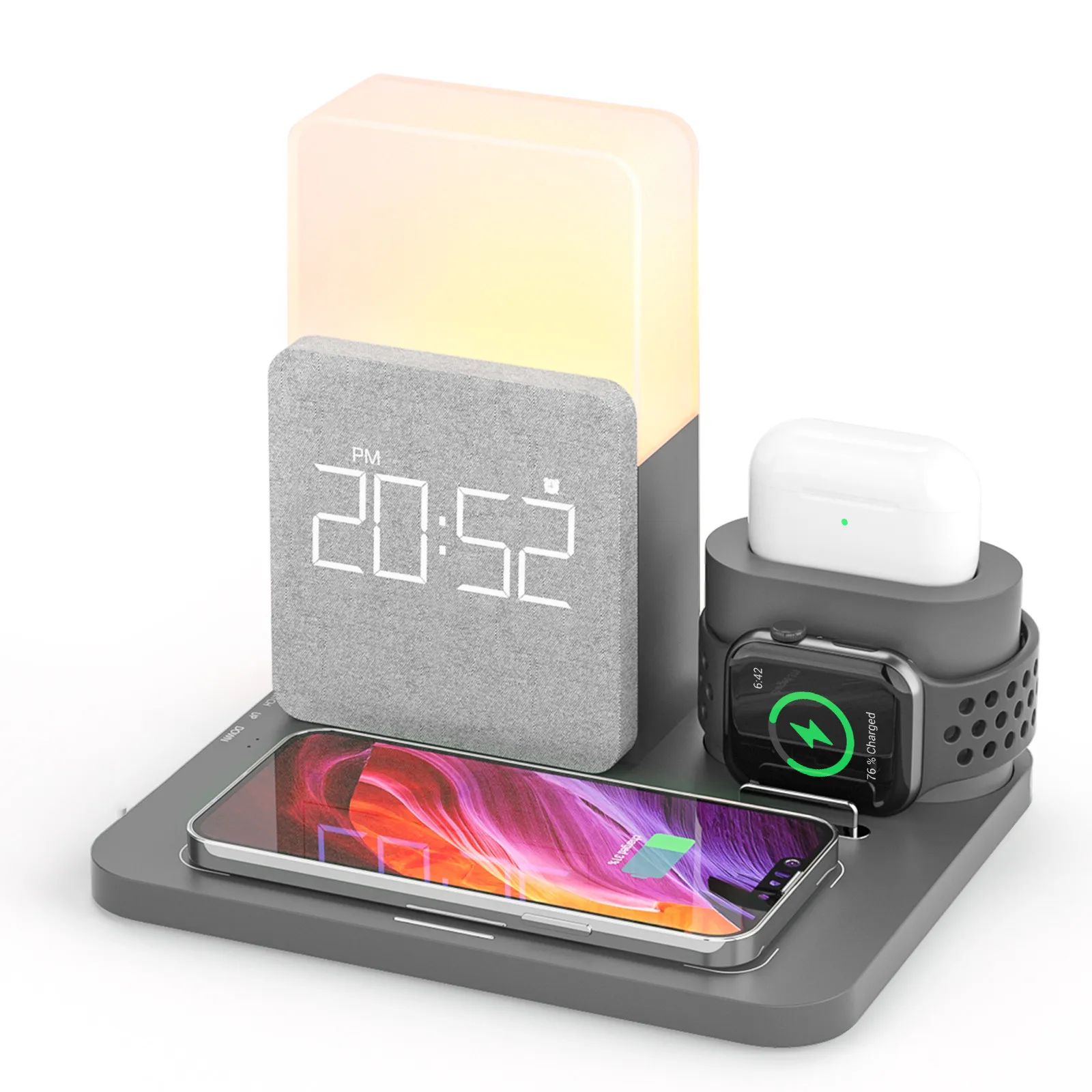 Kablosuz Şarj Cihazı 3 in 1 Hızlı Şarj İstasyonu ile dijital çalar saat Gece Lambası Uyumlu İzle iPhone 13 AirPods Galaxy S20 0