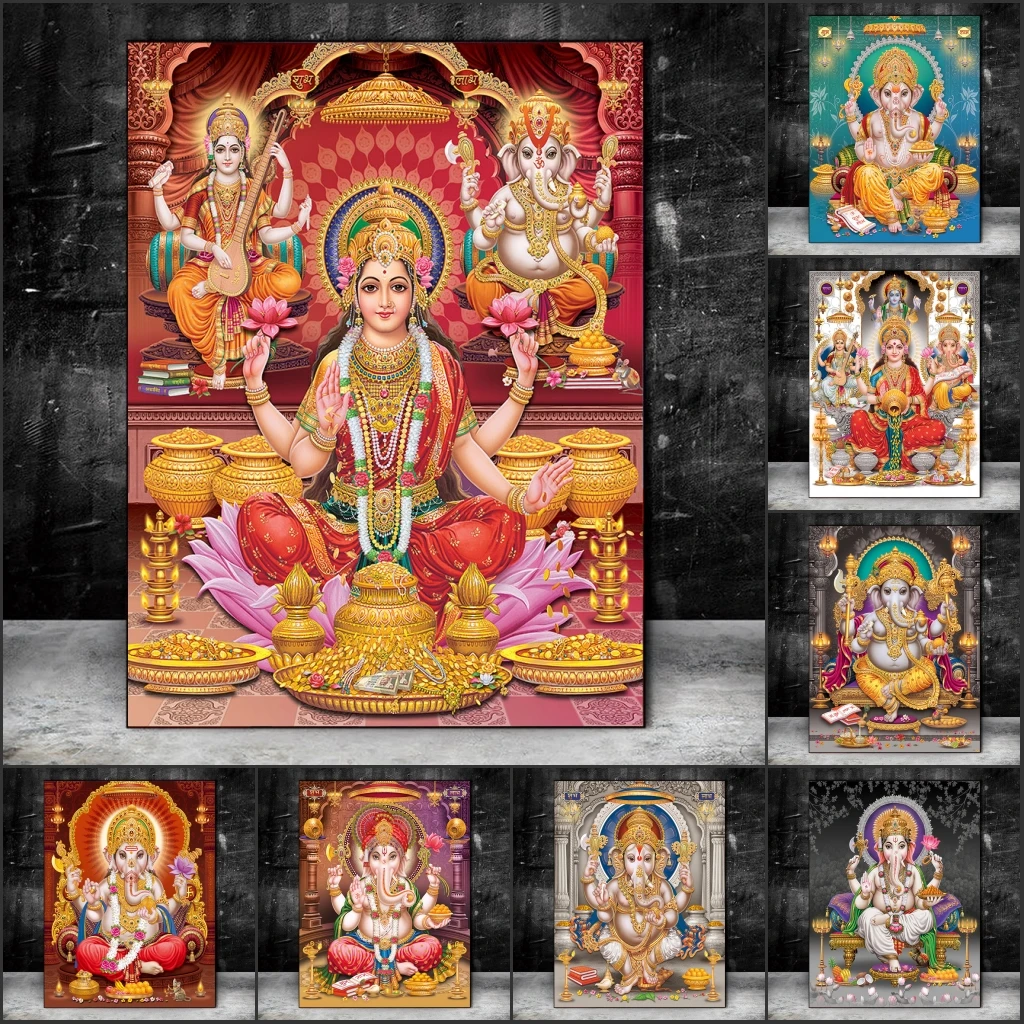 Hindistan Hindu Altın Ganesha Tapınak Posterler Fil Tanrı Tuval üzerine Boyama Posterler Baskılar Din Sanat Duvar Sanatı Oturma Odası Dekor 0
