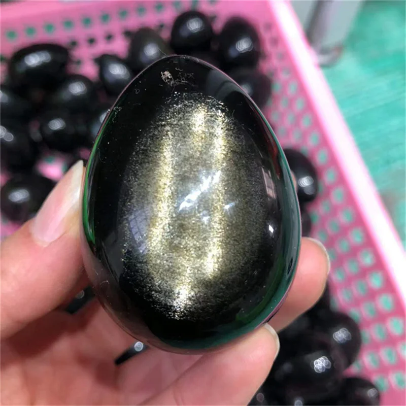 Toptan doğa siyah obsidyen yumurta kristal el sanatları palmiye taş altın obsidyen yumurta şifa hediye dekorasyon için 0