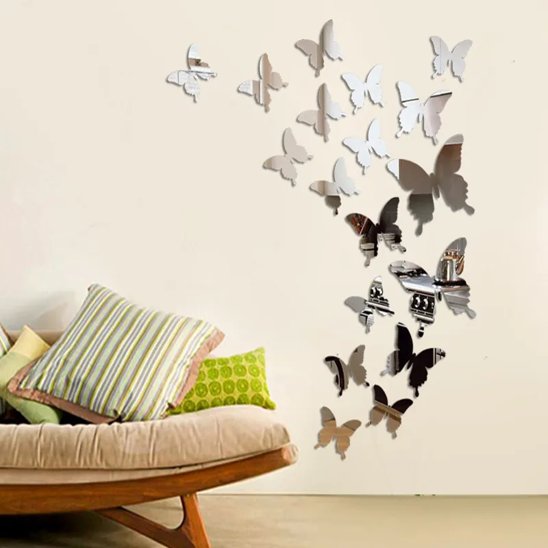 12 Adet Kelebek Çıkarılabilir Moda Ayna Sticker Duvar Sticker DIY Kendinden Yapışkanlı Ev Odası Sanat Arka Plan Dekor Odası Dekor 0