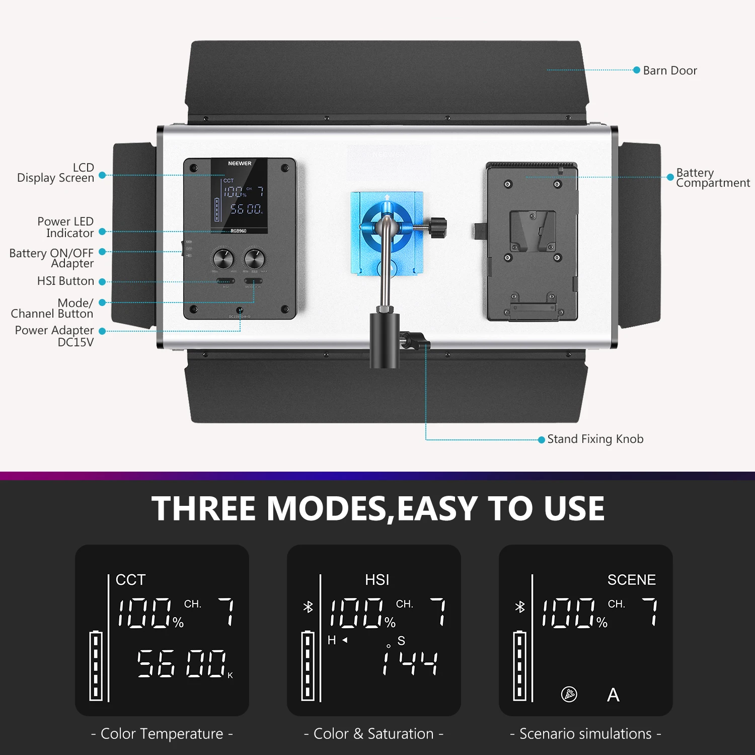 Neewer 960 RGB LED ışık APP Kontrolü ile, 960 SMD LED Ayarlanabilir Renkler / 9 Uygulanabilir Sahneler LCD Ekran / Barndoor Metal Çerçeve 1
