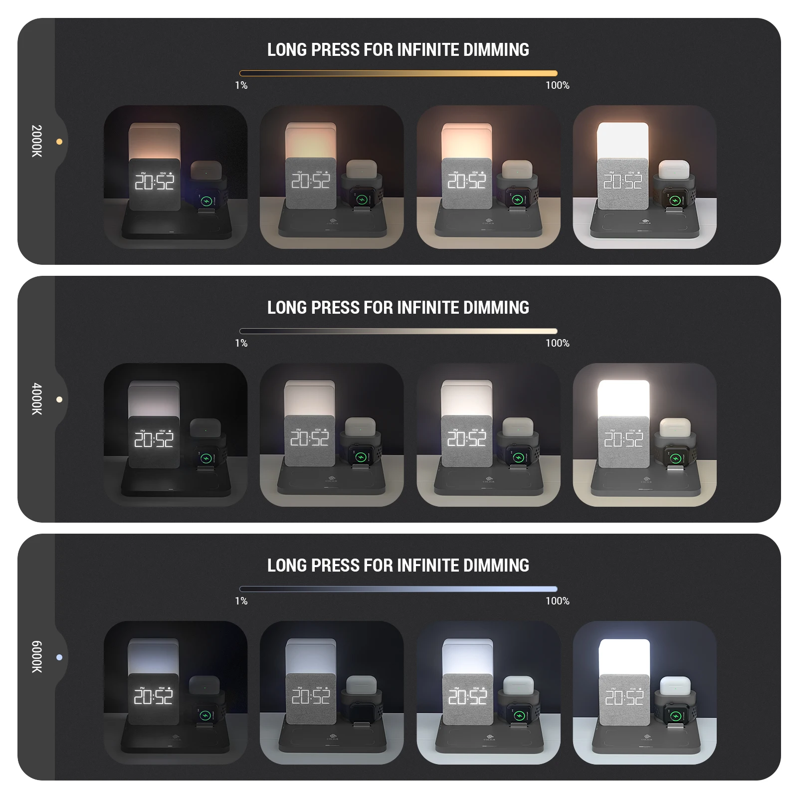 Kablosuz Şarj Cihazı 3 in 1 Hızlı Şarj İstasyonu ile dijital çalar saat Gece Lambası Uyumlu İzle iPhone 13 AirPods Galaxy S20 1