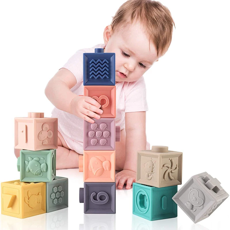 Montessori Bebek Yapı taşları Bebek için Oyuncak 0 12 Ay Kavramak Oyuncak Yumuşak Topu Kauçuk Banyo Oyuncak Oyun Silikon Küp Blok Çocuk  1