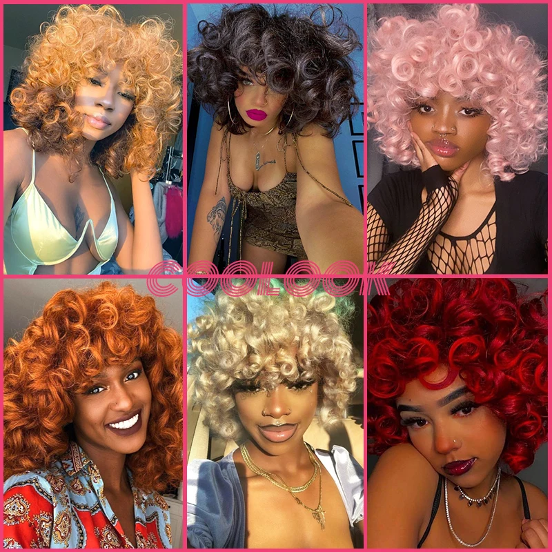Doğal Kahverengi Kısa Afro Kinky kıvırcık postiç Kadınlar için 12 İnç Turuncu Derin kıvırcık saç Peruk Sentetik Sarışın Kırmızı Cosplay Peruk 613 1