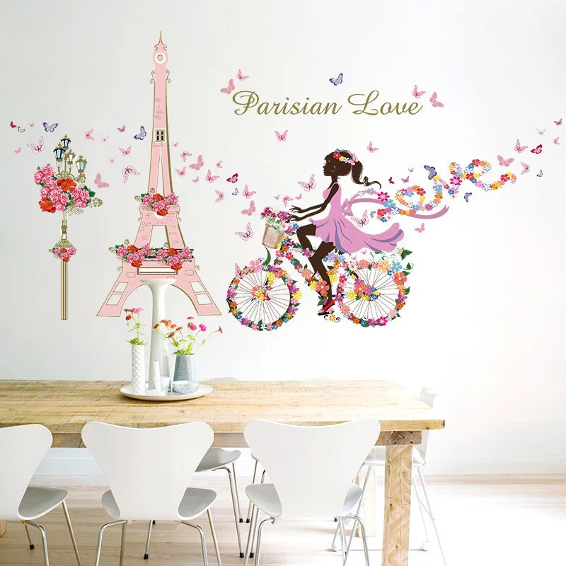 Romantik paris Duvar Sticker Çocuk odaları İçin Eyfel Kulesi Çiçek Kelebek Peri Kız Sürme Duvar Sanatı Çıkartması Ev Dekor Duvar 1
