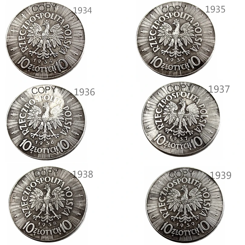 1934 - 1939 6 Yıl İsteğe Bağlı Polonya 10 Zlotych Gümüş Kaplama Kopya Paraları 1