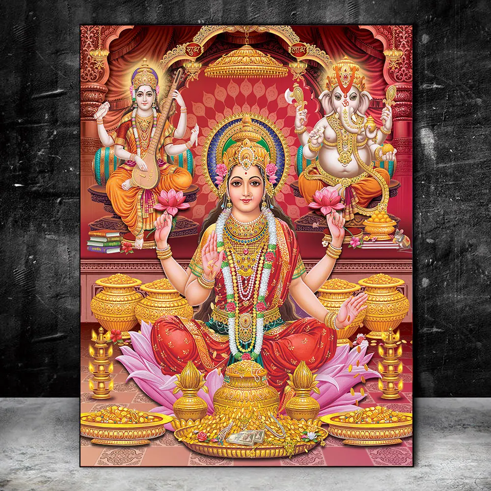 Hindistan Hindu Altın Ganesha Tapınak Posterler Fil Tanrı Tuval üzerine Boyama Posterler Baskılar Din Sanat Duvar Sanatı Oturma Odası Dekor 1