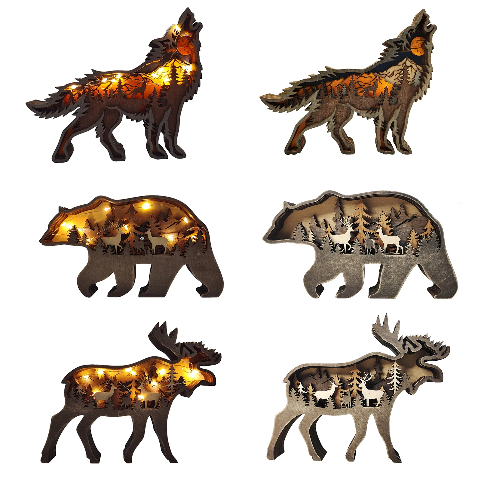 Içi boş Ahşap Orman Hayvanları Heykeli LED Süs Odası Dekorasyon Yaban Hayatı Heykel 3D Oyma Ahşap Hayvanlar Figürler Lamba ile 1