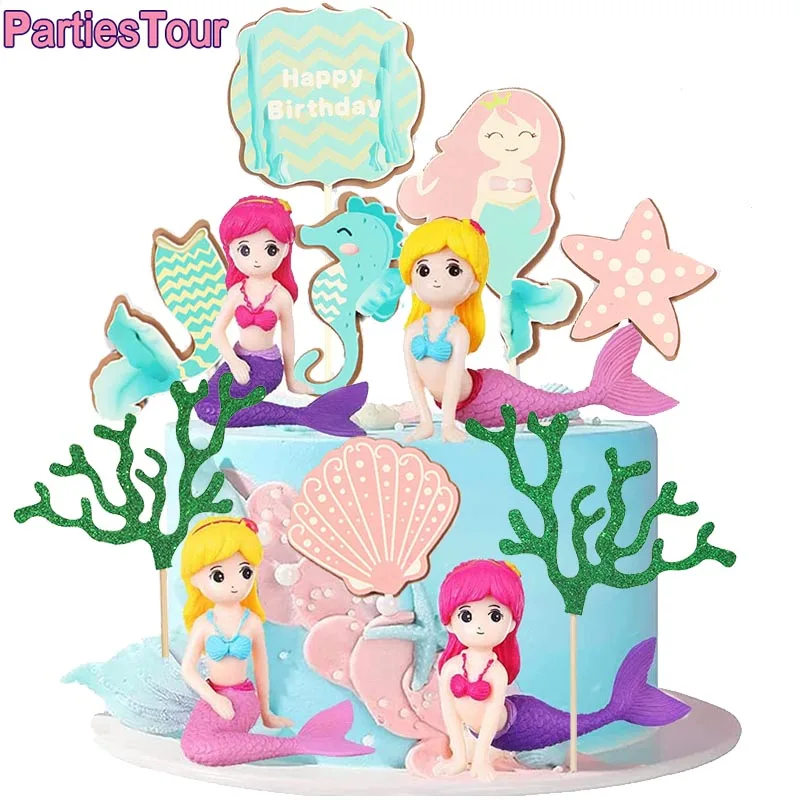 Mermaid Parti Süslemeleri Mutlu Doğum Günü Pastası Topper Cupcake Toppers Bebek duş Kız Çocuklar İyilik Mermaid Parti Tema Malzemeleri 2