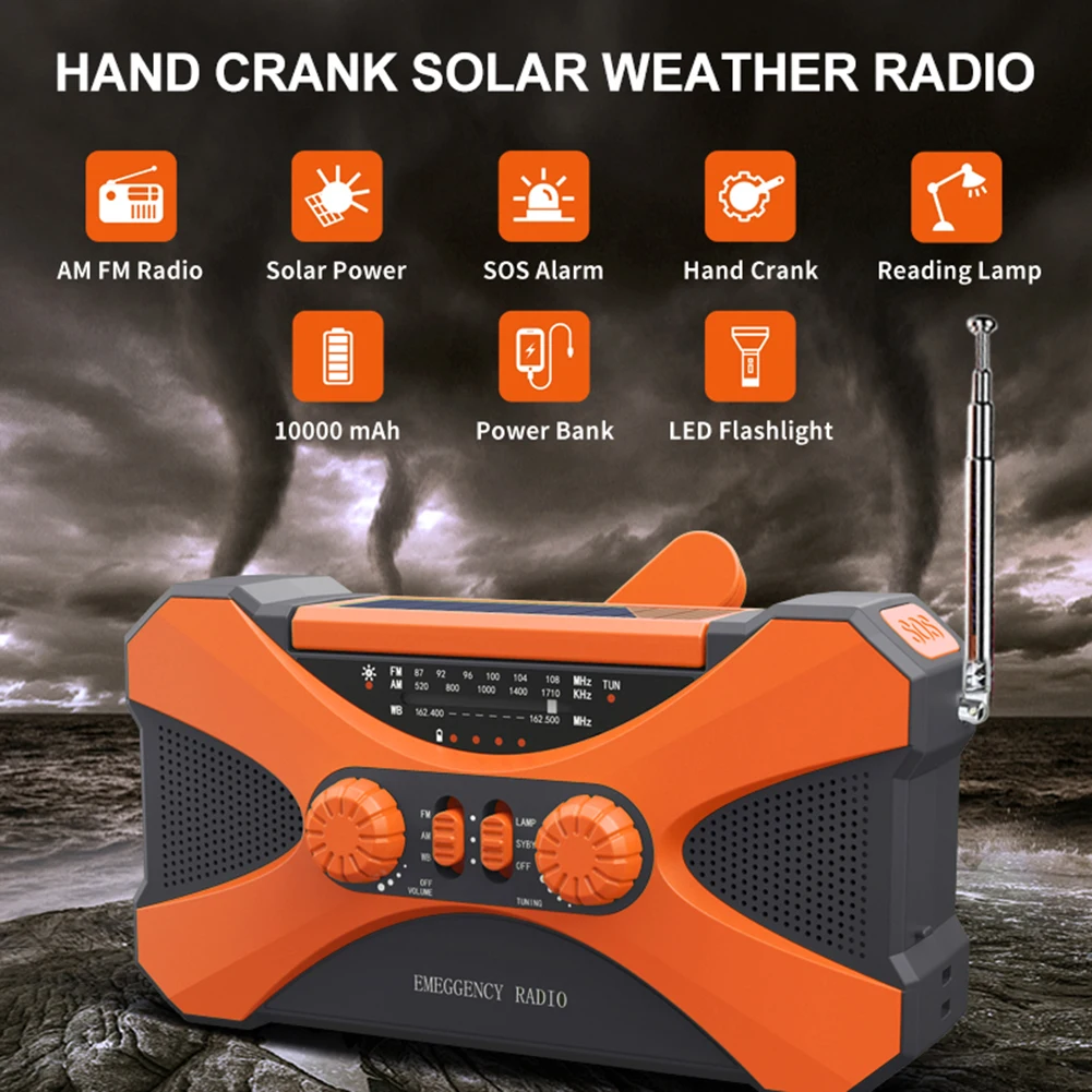 Güneş Radyo El Krank LED El Feneri Acil AM FM NOAA Telefon Şarj SOS Alarm Açık Survival Güç Bankası 2