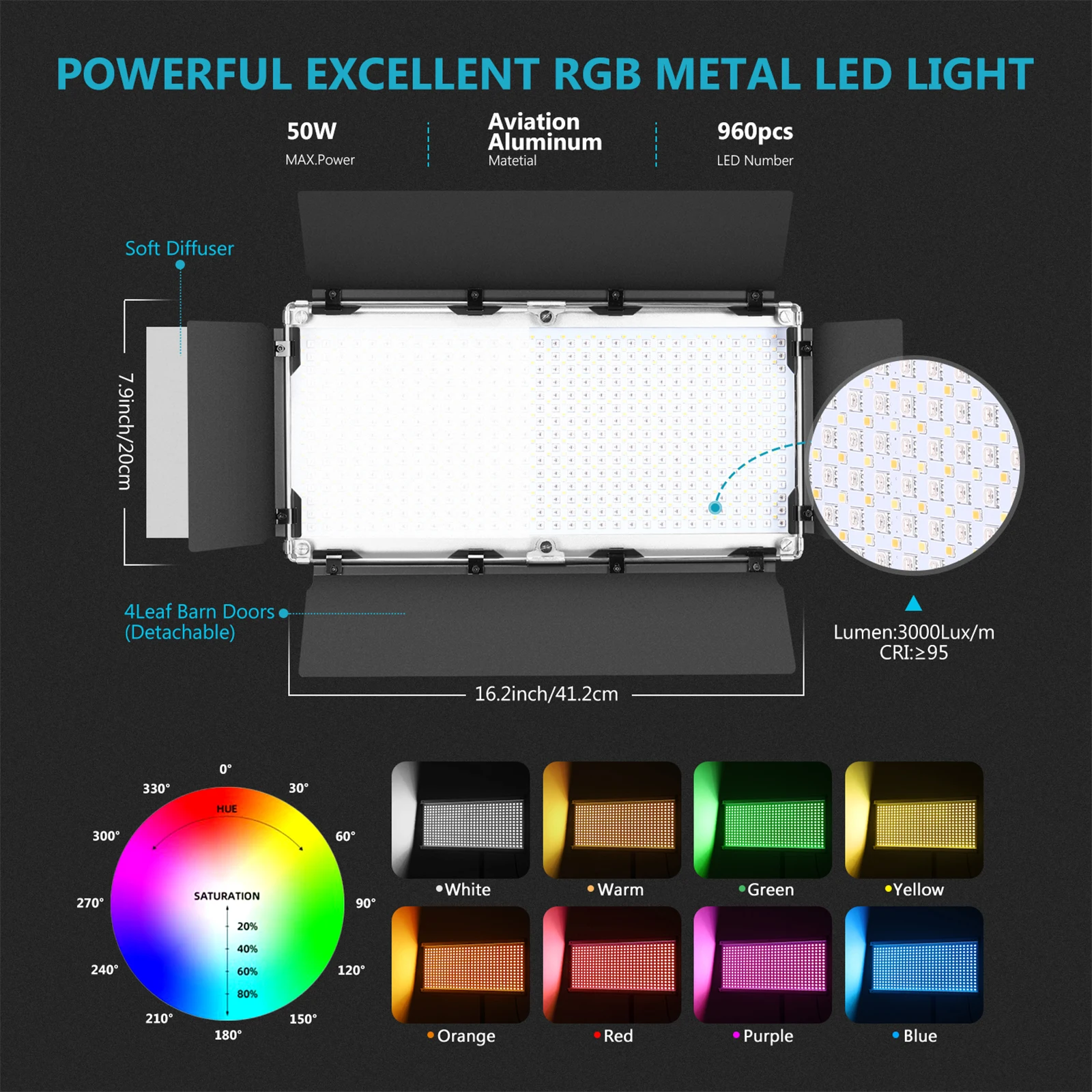 Neewer 960 RGB LED ışık APP Kontrolü ile, 960 SMD LED Ayarlanabilir Renkler / 9 Uygulanabilir Sahneler LCD Ekran / Barndoor Metal Çerçeve 2