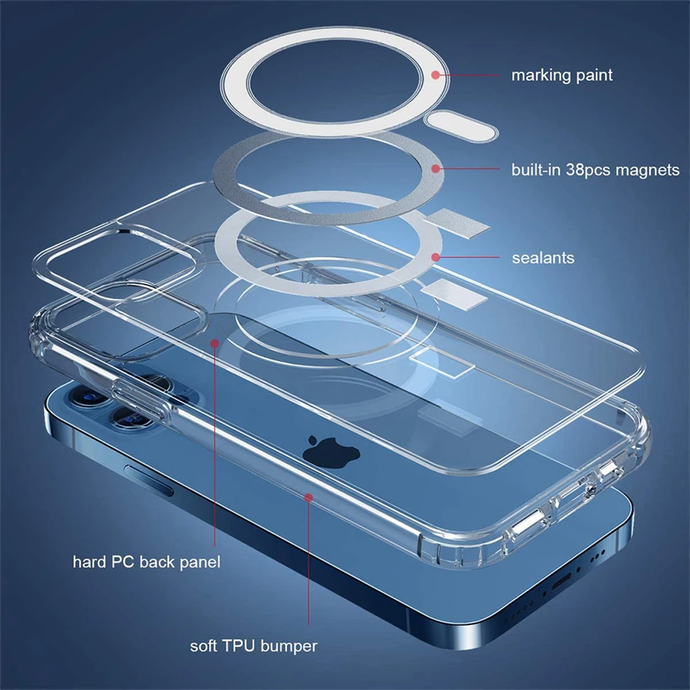 Temizle Manyetik Kılıf iPhone 14 Pro Max 13 11 12 funda Magsafe İçin Kapak Kablosuz Şarj TPU PC Darbeye Dayanıklı Şeffaf 3