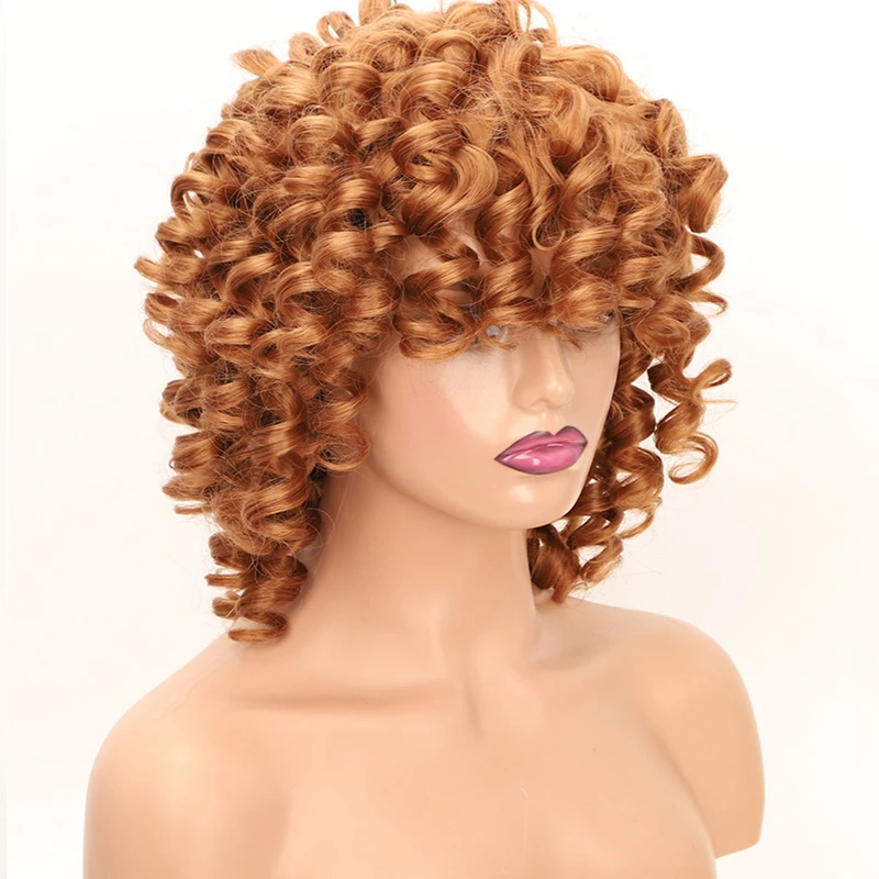 Doğal Kahverengi Kısa Afro Kinky kıvırcık postiç Kadınlar için 12 İnç Turuncu Derin kıvırcık saç Peruk Sentetik Sarışın Kırmızı Cosplay Peruk 613 3