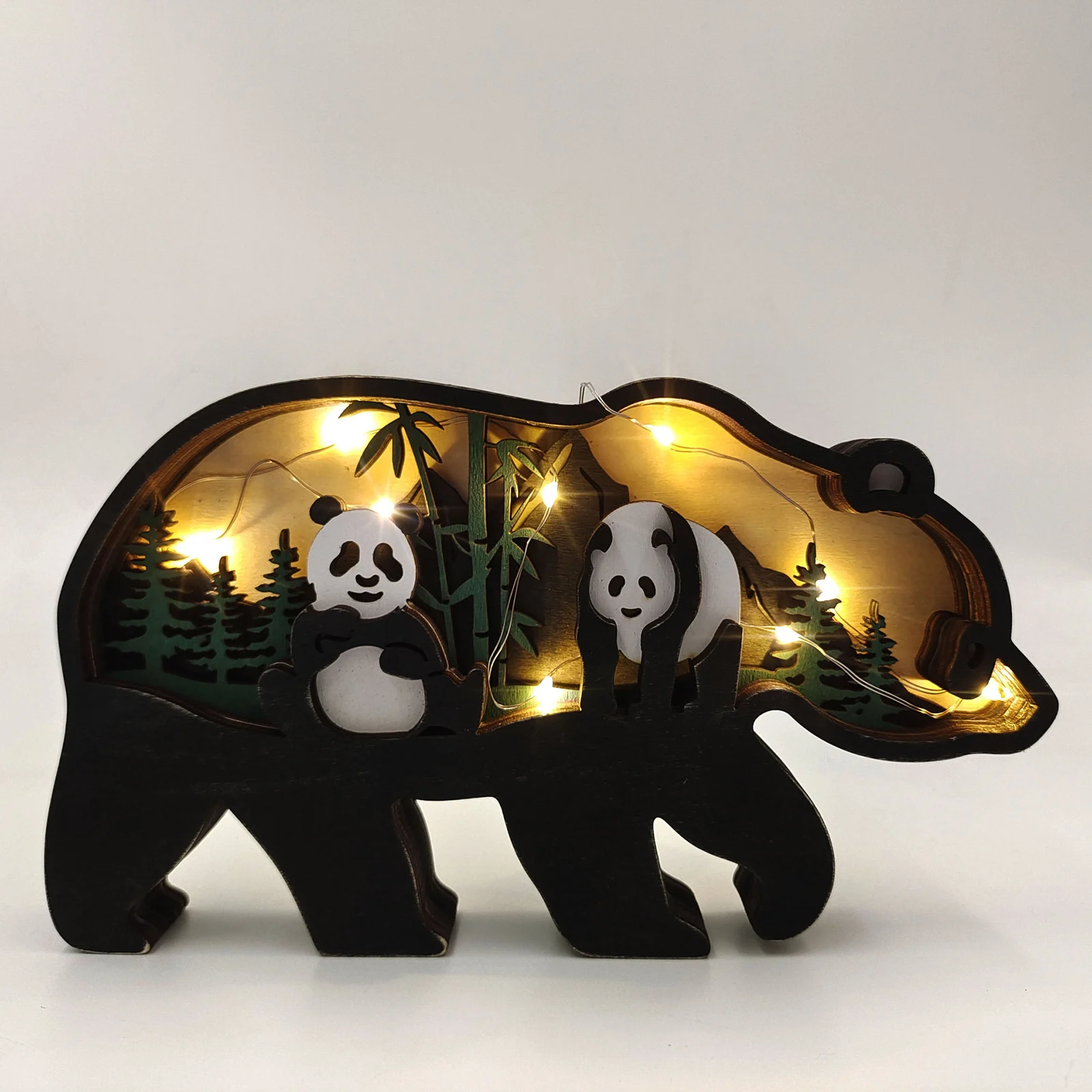 Içi boş Ahşap Orman Hayvanları Heykeli LED Süs Odası Dekorasyon Yaban Hayatı Heykel 3D Oyma Ahşap Hayvanlar Figürler Lamba ile 3