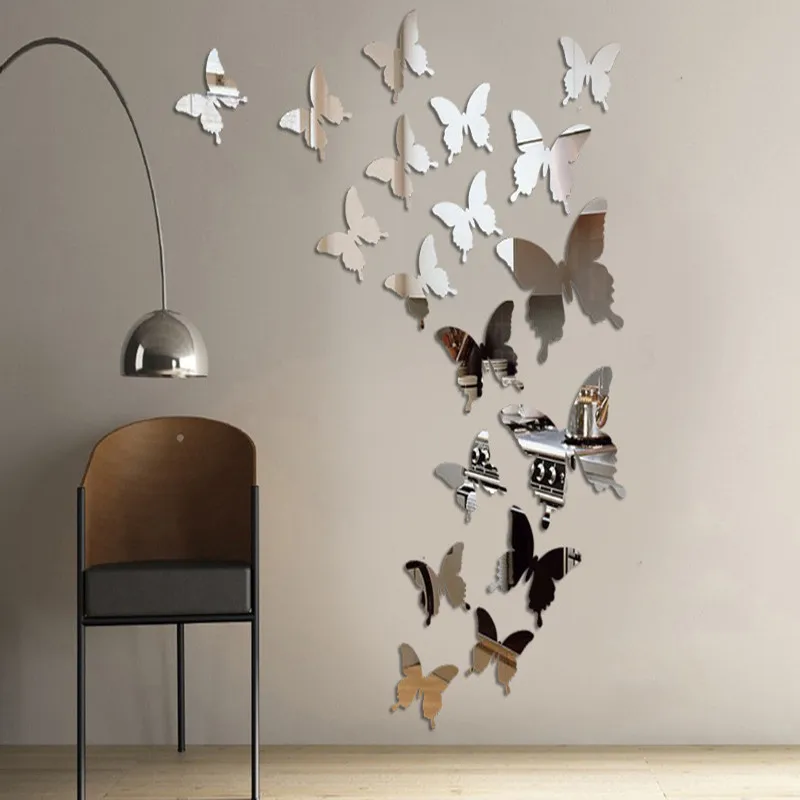12 Adet Kelebek Çıkarılabilir Moda Ayna Sticker Duvar Sticker DIY Kendinden Yapışkanlı Ev Odası Sanat Arka Plan Dekor Odası Dekor 3
