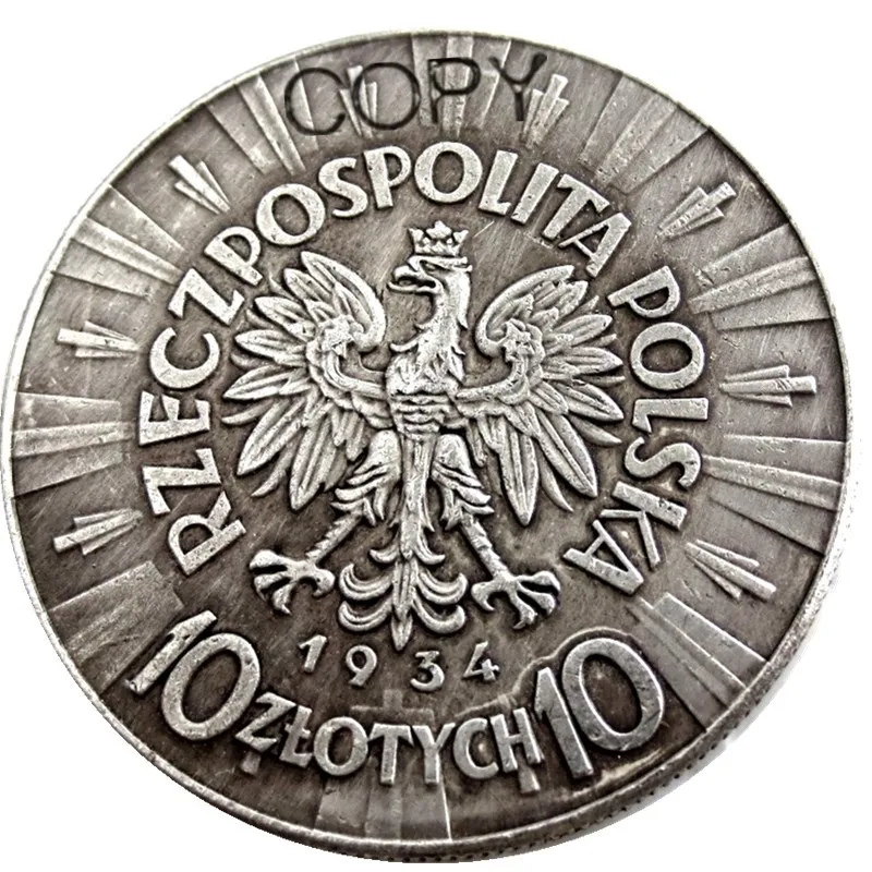 1934 - 1939 6 Yıl İsteğe Bağlı Polonya 10 Zlotych Gümüş Kaplama Kopya Paraları 4