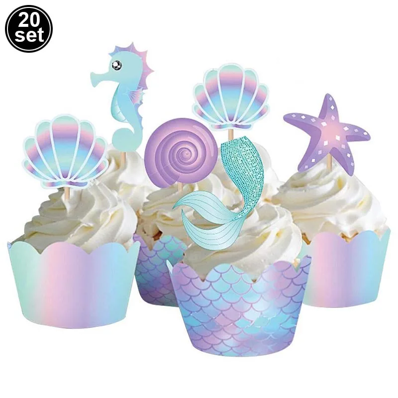 Mermaid Parti Süslemeleri Mutlu Doğum Günü Pastası Topper Cupcake Toppers Bebek duş Kız Çocuklar İyilik Mermaid Parti Tema Malzemeleri 5