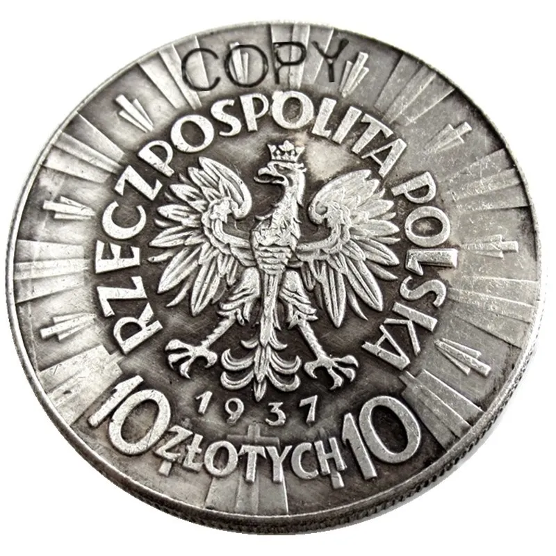 1934 - 1939 6 Yıl İsteğe Bağlı Polonya 10 Zlotych Gümüş Kaplama Kopya Paraları 5