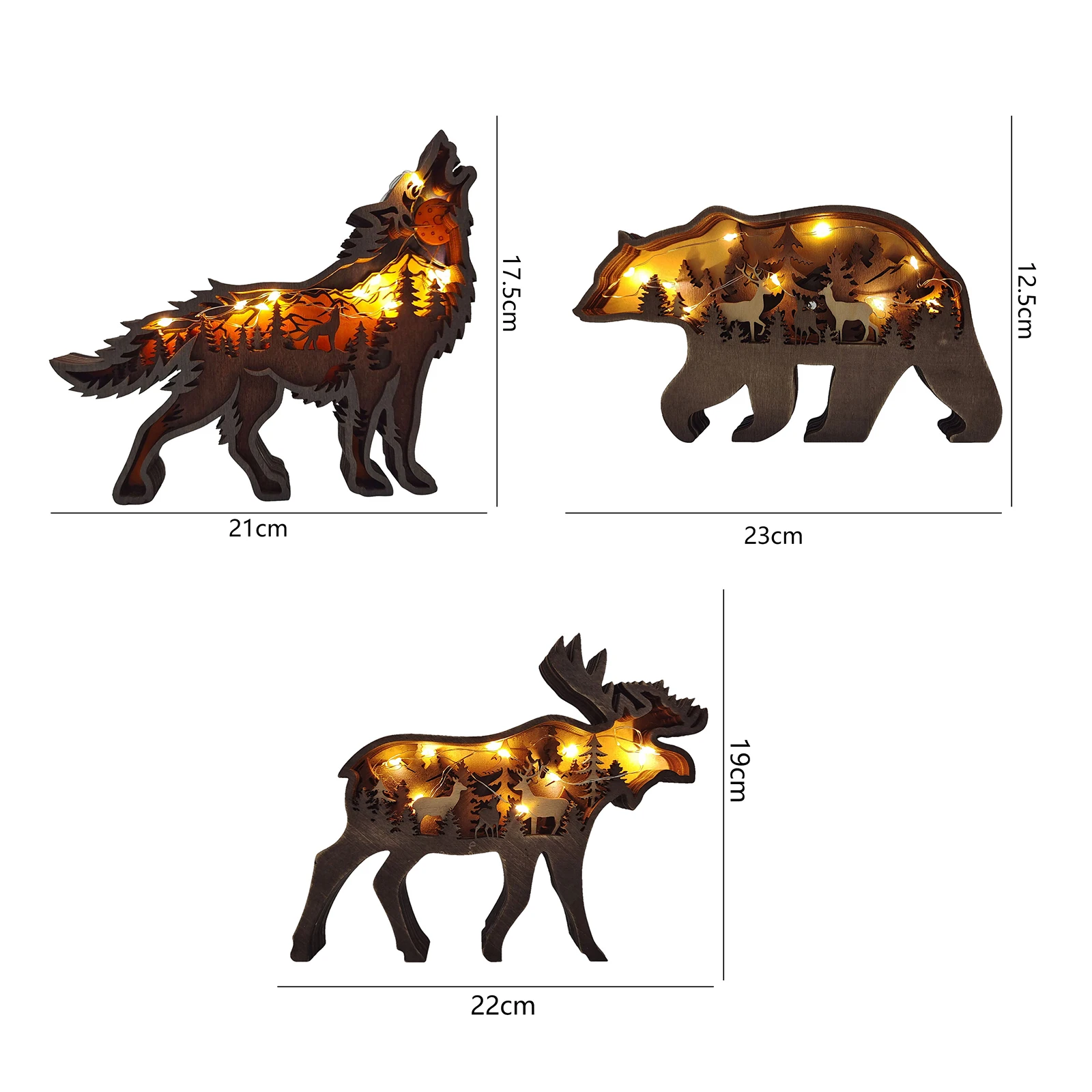 Içi boş Ahşap Orman Hayvanları Heykeli LED Süs Odası Dekorasyon Yaban Hayatı Heykel 3D Oyma Ahşap Hayvanlar Figürler Lamba ile 5