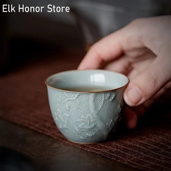 2 adet / takım 60 ml Retro Ge Fırın Seramik Çay Bardağı El Yapımı Kabartma Çiçek Sanat Gracked Sır Ev Kung Fu Çay Kişisel Master fincan