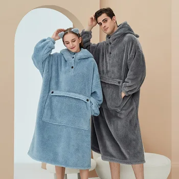 2022 Kış Kadın Pazen Gecelik Bornoz Bornoz Düz Renk Uzun Kollu Elbiseler Yumuşak Sıcak Kapşonlu Loungewear Pijama Cep