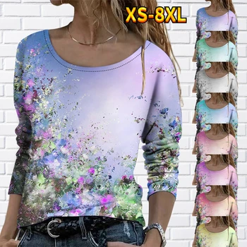 2023 Yeni Gevşek Boyutu Üstleri Moda T-shirt Günlük Sokak Yuvarlak Boyun Uzun Kollu Bahar Sonbahar Seksi Çiçek Baskı Üst Kazak
