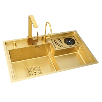 304 paslanmaz çelik fırçalanmış altın büyük tek lavabo mutfak aksesuarları lavabo tezgah altı bulaşık makinesi lavabo