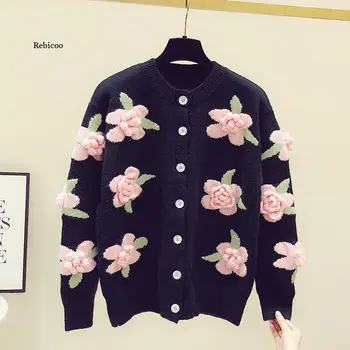 3D çiçek nakış kazak kadın ilkbahar ve sonbahar yeni gevşek vintage el yapımı tığ örme hırka ceketler