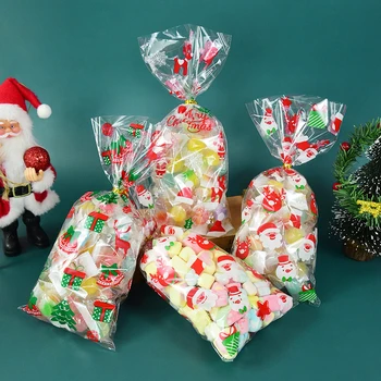 50 ADET Noel Şeffaf Bisküvi Kurabiye Tatlı Şeker Ambalaj Poşetleri Yeni Yıl Partisi Noel Favor hediye keseleri Navidad Natal Noel