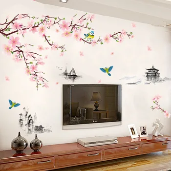 9 Çeşit Büyük ışık çiçekler duvar çıkartmaları Ağaç kuş Ev Dekor kanepe TV için Çin tarzı Ev Dekorasyon Yatak odası Oturma Odası için