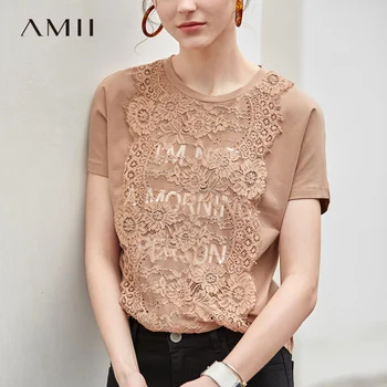Amii Minimalist Patchwork Dantel T-shirt Yaz Kadın Katı Baskı O Boyun Gevşek Kısa Kollu Casual Kadın Üstleri 11930118