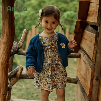 Amila Bebek Elbise Setleri 2022 Sonbahar Yeni Düz Renk Ceket Çiçek A-Line Etek Takım Elbise Kızlar için Uzun Kollu Çocuk Giysileri Moda