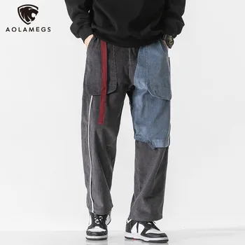 Aolamegs erkek Retro Kargo pantolon Ekleme Nakış dökümlü pantolon Basit Tüm Maç Hip Hop Kot Rahat Unisex Streetwear
