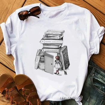 Aşk Okuma Kitap Kız Baskılı Tshirt Femme 90s Tumblr Giysileri Yaz Sonbahar Kış Temel Kadın T-Shirt Bayan Kız Tees Tops