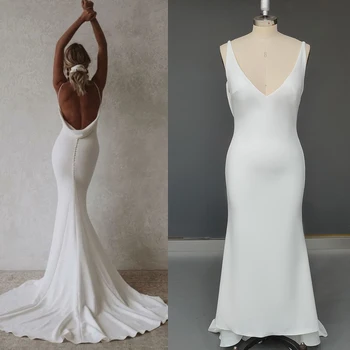 Basit Krep Saten Kılıf düğün elbisesi Custom Made Backless Düğmeler Draped Firar V Boyun Kukuletası Sapanlar gelinlikler