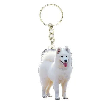 Beyaz Samoyed Köpek Anahtarlık Pet Köpekler Düz DEĞİL 3D Küçük Anahtarlıklar Hayvan Erkekler Sevimli Charm Çanta Bırak Charms Hediye Kadın Zincir Özledim Evcil