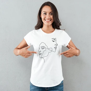 Bir Çizgi Çizim Yüzleri T-shirt Komik Kadın Grafik Sanat Üst Tee Gömlek Unisex Yaz Kısa Kollu Minimal Sanat Tshirt Kıyafetler