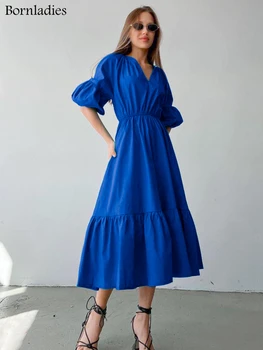 Bornladies Zarif Midi Elbise Yaz Fener Yarım Kollu V Yaka Ofis Parti Elbise Bayan A-Line Eklenmiş Ruffled rahat elbise