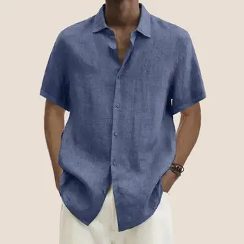 Erkek Keten Bluz Kısa Kollu Baggy Düğmeler Yaz Katı Rahat Saf Pamuk Ve Keten Rahat Gevşek Tatil Gömlek Tee Tops