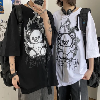 Erkek T Shirt Goth Y2K Harajuku Anime Karikatür Grafik Baskı Artı Boyutu Kısa Kollu pamuklu tişört Vintage Kore Siyah Elbise Üst