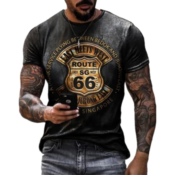Erkek Yaz Yeni T-Shirt Sokak Moda Retro 3D Baskı 66 Yol Harfler Gevşek Büyük Boy Kısa Kollu Rahat T-Shirts2022