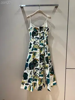 Fyıon 2022 kadın Yaz Pist Yüksek Kaliteli Pamuk Spagetti Kayışı Midi Elbise Seksi Parti Çiçek Baskı Tek Göğüslü Elbiseler