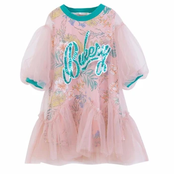 Gençler Çocuklar Kızlar için Elbiseler Mektup Çiçek Baskı Meah Elbise Puf Kollu Bebek Çocuk yaz giysileri Prenses Moda 10 ila 12