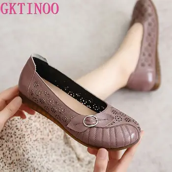 GKTINOO Yaz Hakiki deri Ayakkabı Kadınlar Hollow Loafers Kadınlar Flats Bale Sonbahar Yumuşak tabanlı düz Ayakkabı Kadın Sandalet