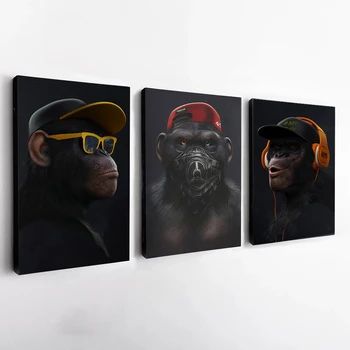 Gözlük Kulaklık Gorilla Üç Bilge Maymunlar Poster Sanat Baskı Modern Tuval Boyama Pop Moda Duvar Resmi Oturma Odası Dekor