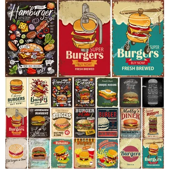 Hamburger Fast Food Plak Metal Vintage Tabela Restoran Duvar Plakası Posterler Mutfak Cafe Diner Bar Demir Dekorasyon