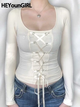 HEYounGIRL Kare Yaka Fairycore T-Shirt Kadın Zarif Şık Dantel-up bahar uzun kollu elbise Kırpma Üst Tatlı Sevimli Kız Sokak Kıyafeti