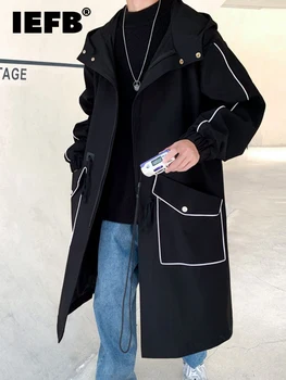 IEFB Sonbahar Rüzgarlık erkek Orta Uzun Ceket Açık Çizgi Dekorasyon 2023 Kore Moda Şapka İle Uzun Kollu Mizaç 9A4515