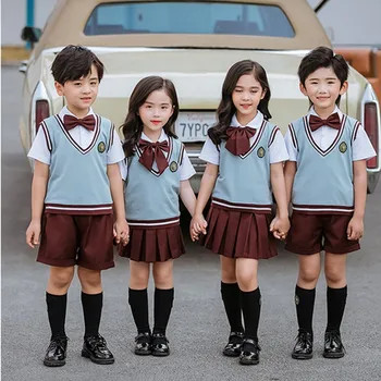 Ingiliz okul üniforması Çocuk Kısa Kollu Gömlek Takım Elbise Pilili Etek Çocuk Kore Japon Anaokulu Sınıf Giyim Seti Kıyafet